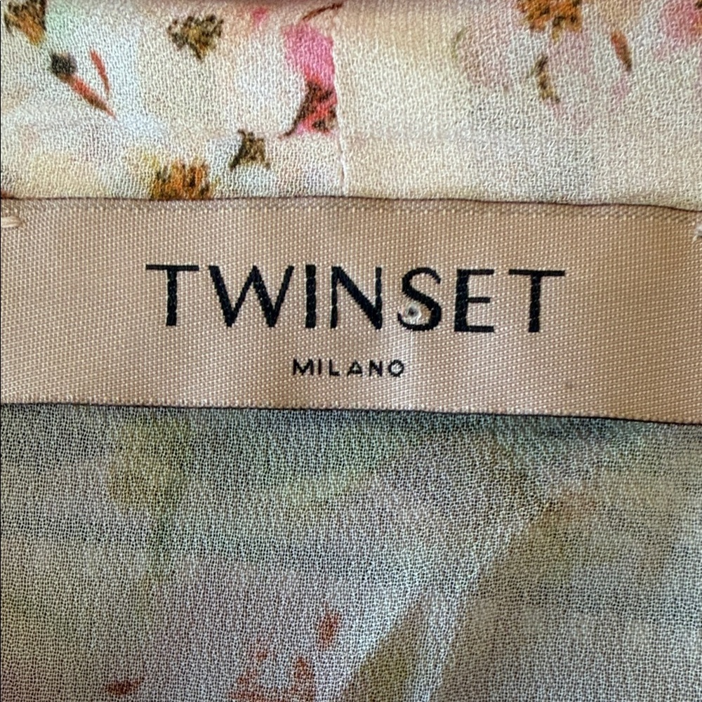 Twin-Set Pink Floral Tie-Neck Cap Sleeve Blouse - Picture 2 of 13
